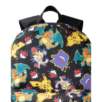 Pokémon Pikachu Charizard Gengar Meowth Backpack in Black | Kids Character All-Over Print Bag | Adjustable Shoulder Straps, Front Pocket & Mesh Holder