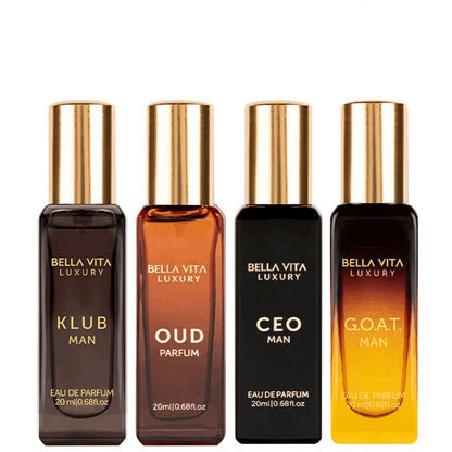 BellaVita Luxury Men's Perfume Gift Set 4x20ml EDP – CEO, Klub, Oud & G.O.A.T. Fragrance Sampler, Woody Citrus Oud Cologne for Men, Perfect Christmas Birthday Gift for Him