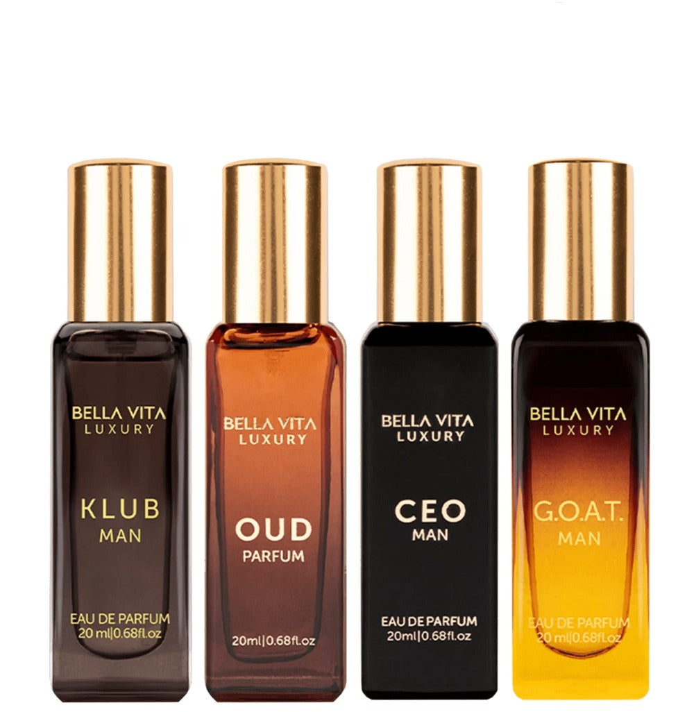 BellaVita Luxury Men's Perfume Gift Set 4x20ml EDP – CEO, Klub, Oud & G.O.A.T. Fragrance Sampler, Woody Citrus Oud Cologne for Men, Perfect Christmas Birthday Gift for Him