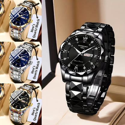 1 New Stainless Steel Men'S Quartz Watch with Roman Numerals, Rhinestone Dial, Date Calendar, Trendy Minimalist Luxury Brand, Luminous Sports Casual Business Multi-Functional Watch - Ideal Birthday Gift and Holiday Present, Elegant Watch For Men, Watch Fo
