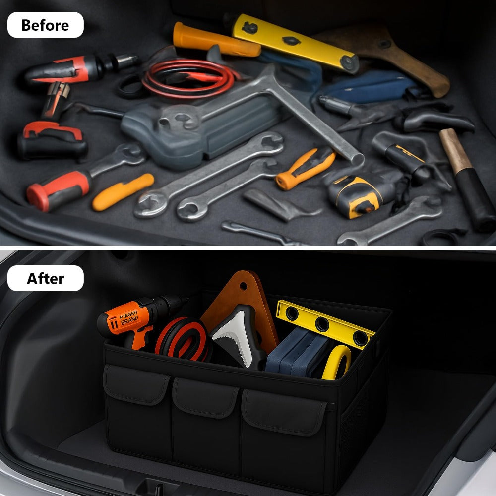 Durable Foldable Car Trunk Organizer with Lid for Cars, SUVs, and Vans – Luggage Sorting Bin with Accessory Compartments for On-the-Go Organization