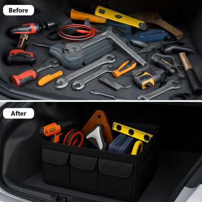Durable Foldable Car Trunk Organizer with Lid for Cars, SUVs, and Vans – Luggage Sorting Bin with Accessory Compartments for On-the-Go Organization