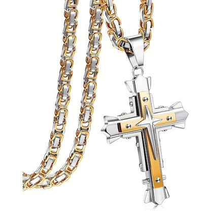 316L Stainless Steel Cross Pendant Necklace for Men & Women - Byzantine Chain, Non-Plated Durable Titanium Stainless Steel, Elegant Unisex Jewelry Gift for Casual Attire, Cross Necklace, Modern Elegance, Robust Construction