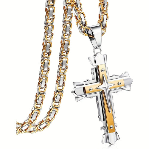 316L Stainless Steel Cross Pendant Necklace for Men & Women - Byzantine Chain, Non-Plated Durable Titanium Stainless Steel, Elegant Unisex Jewelry Gift for Casual Attire, Cross Necklace, Modern Elegance, Robust Construction