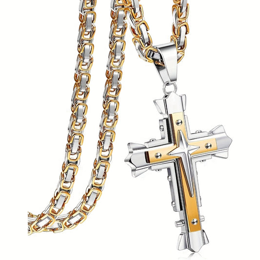 316L Stainless Steel Cross Pendant Necklace for Men & Women - Byzantine Chain, Non-Plated Durable Titanium Stainless Steel, Elegant Unisex Jewelry Gift for Casual Attire, Cross Necklace, Modern Elegance, Robust Construction