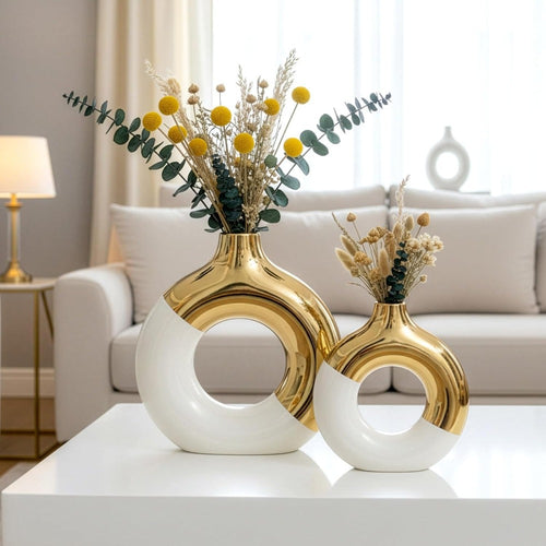 Ceramic Donut Vase Set 2pcs Gold White Glazed Bohemian Table Decor for Living Room & Wedding Centerpiece