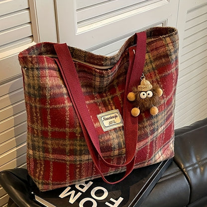 Large Capacity Plaid Shoulder Bag, 1pc - Tweed Fabric, Machine Washable, Shoulder Strap Design for Work And Everyday Use | Red, Black, Elegant Blue