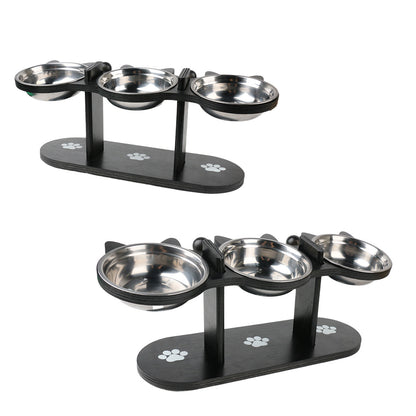 Pet Food Feeding Stand Station Stainless Cat Dog 3* Raised Bowls Wooden Holder