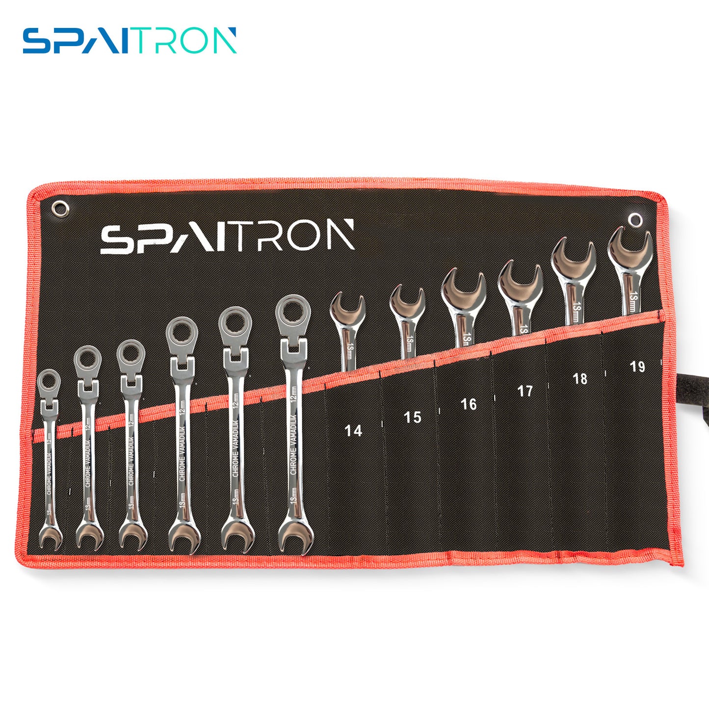 SPAITRON 12/8/6pcs 72Teeth Adjustable Head CR-V Ratchet Wrench Tool Set| 8-19mm& 1/4" to 13/16"| Mirror Polish Anti-Corrosion| for  Repair& Home DIY| W/Rolling Pouch Red Abrasion- Canvas Bag