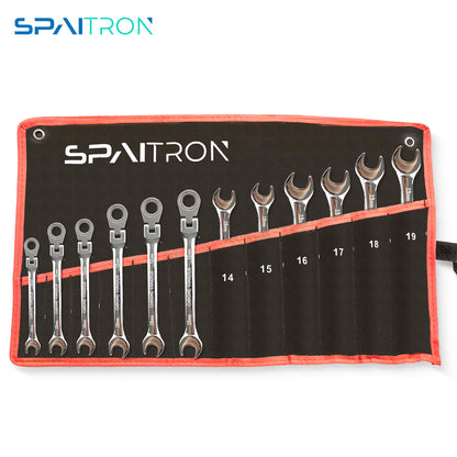 SPAITRON 12/8/6pcs 72Teeth Adjustable Head CR-V Ratchet Wrench Tool Set| 8-19mm& 1/4" to 13/16"| Mirror Polish Anti-Corrosion| for  Repair& Home DIY| W/Rolling Pouch Red Abrasion- Canvas Bag