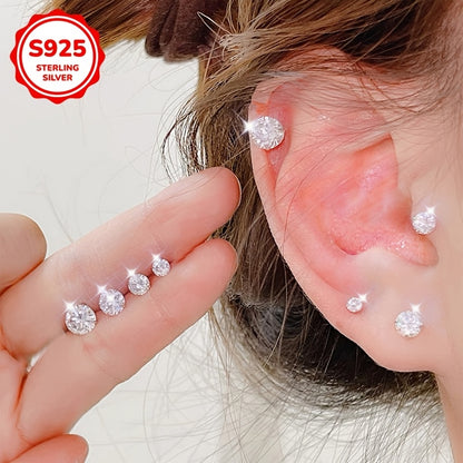 925 Sterling Silvery Synthetic Zirconia Stud Earrings Round 0.1-0.8Ct White 3/4/5/6mm Daily Wear Trendy for Women Accessories Female Gift