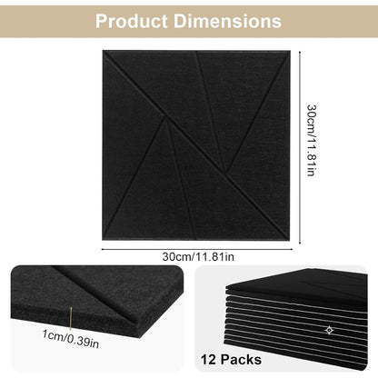 Soundproof Panels, 12 Pack Acoustic Panels Self-Adhesive – High Density Sound Absorbing Panels for Walls, Ceiling & Doors – Noise Reduction Foam (12"x12"x0.4", Black) (White)