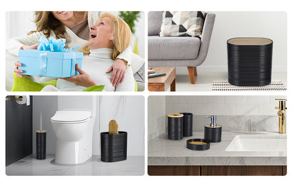 8-Piece Bamboo & Plastic Bathroom Accessories Set, Complete Bathroom Organiser with Toothbrush Holder, Soap Dispenser, Tumbler, Soap Dish, Qtip Holder, Toilet Brush & Waste Bin