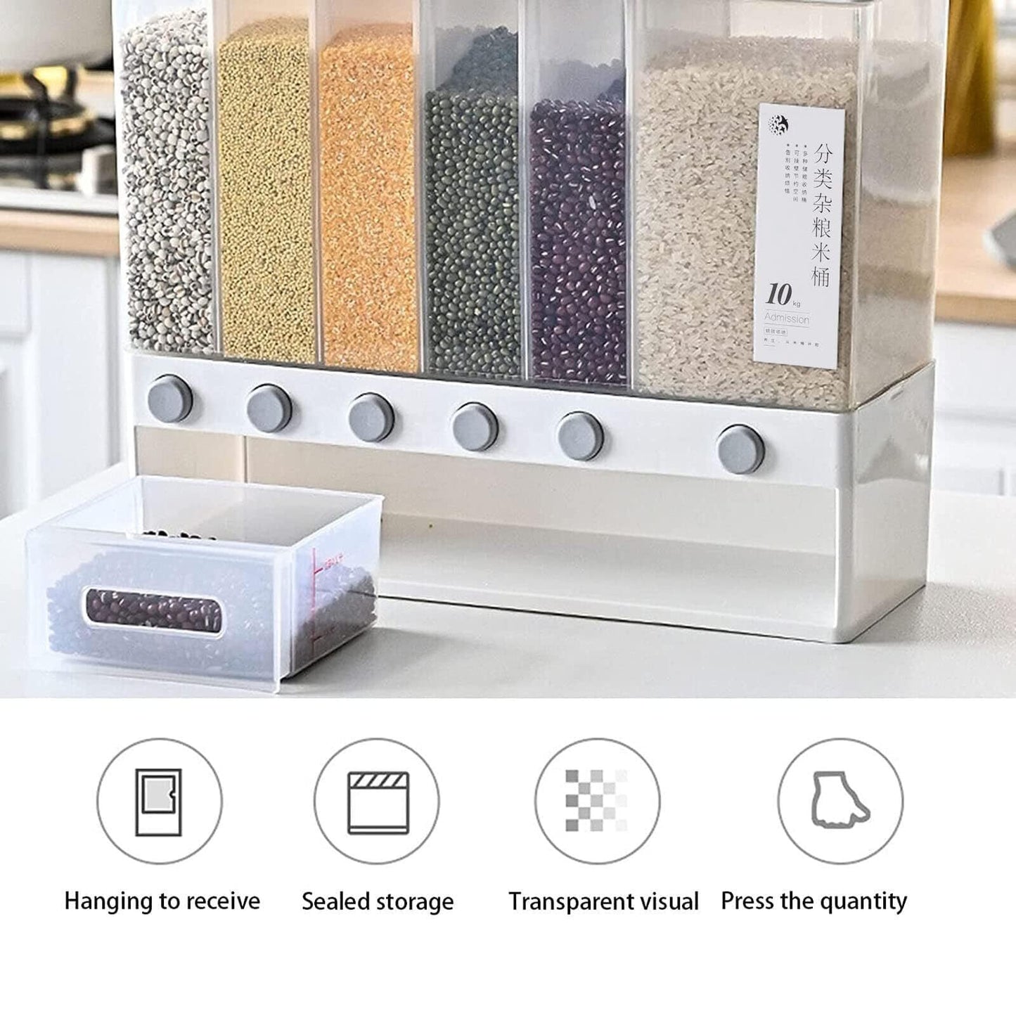 6 in1 Cereal Dispenser Dry Food Dispenser Storage Container Wall Mount Cereal Grain Rice Dispenser 6 Grid Rice Dispenser Food Bucket for Kitchen Home