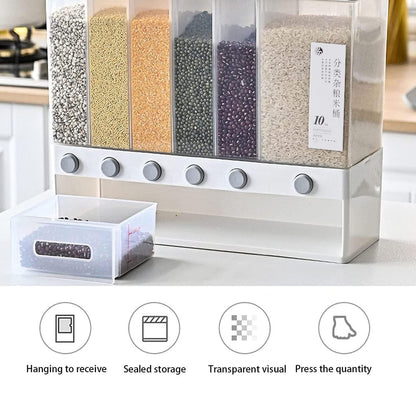 6 in1 Cereal Dispenser Dry Food Dispenser Storage Container Wall Mount Cereal Grain Rice Dispenser 6 Grid Rice Dispenser Food Bucket for Kitchen Home