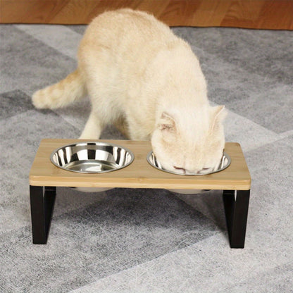 Raised Cat Food Bowl Elevated Feeder with 2 Stainless Steel Bowls – 15° Tilted Double Dish Feeding Station for Indoor Cats, 33x16x12cm