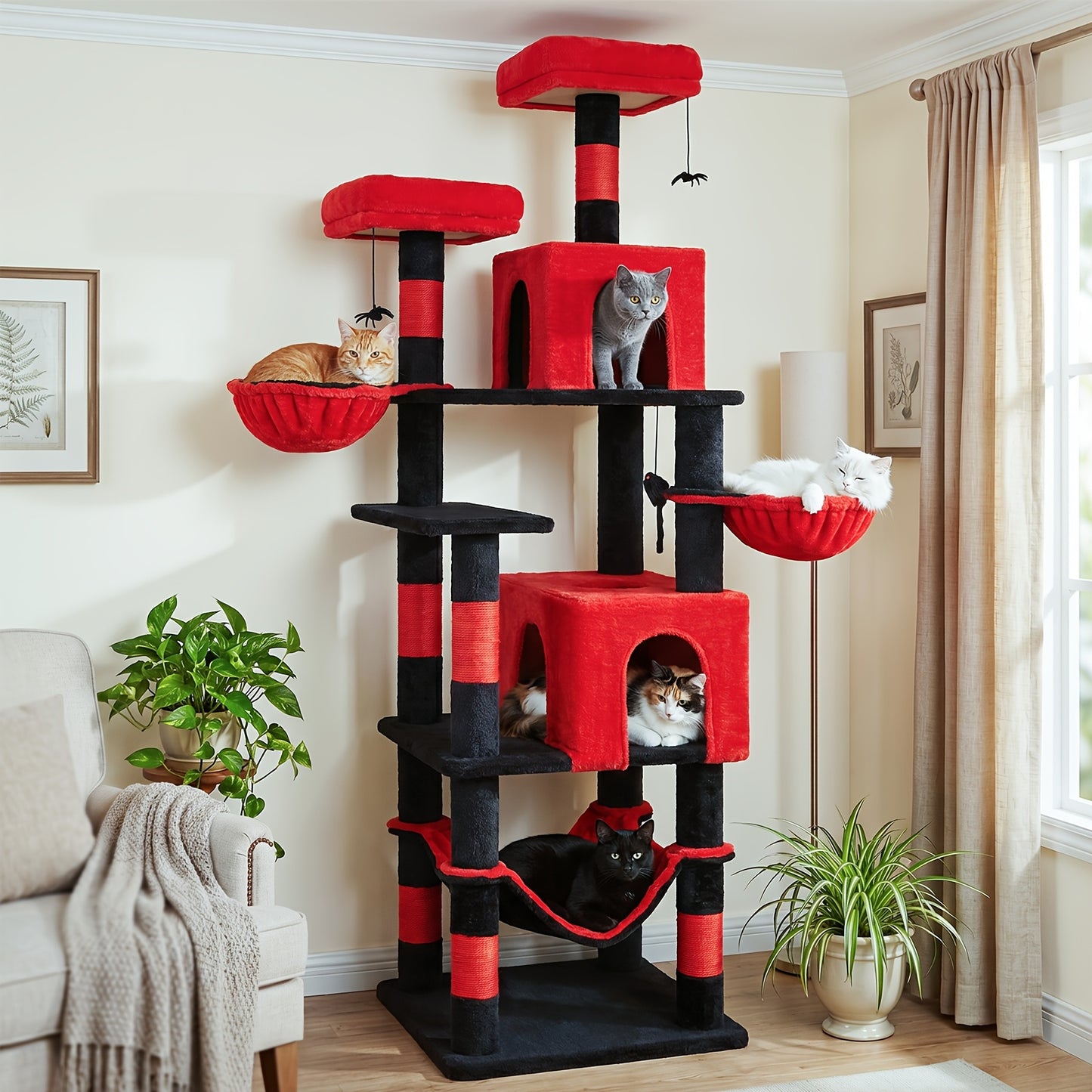 AMHANCIBLE 180cm Tall Cat Tree, Multi-Functional Cat Tower With Perches, Condos & Sisal Poles, Sturdy Wooden Cat Playground For Multi-Cat Households, Easy To Assemble