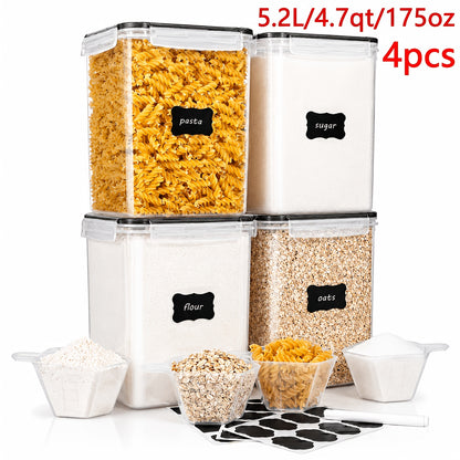 4 Pack Sealed Jars, Large Food Storage Containers, Plastic Airtight Canisters For Flour, Sugar, Baking Supplies, Pasta, Rice With Lids, 4 Measuring Cups And 24 Labels, Black
