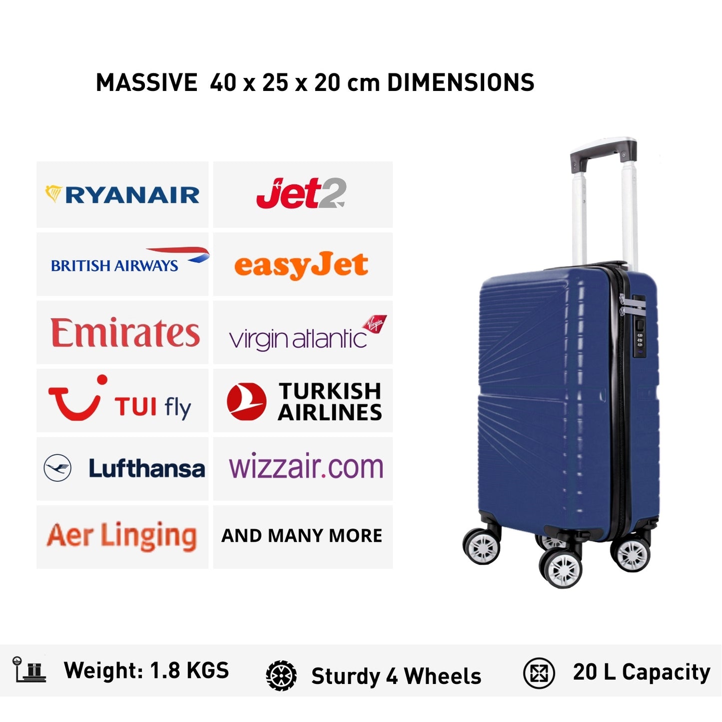 1611 RYANAIR UNDERSEAT CABIN TROLLEY CASE 40 X 25 X 20 CM DETACHABLE WHEELS