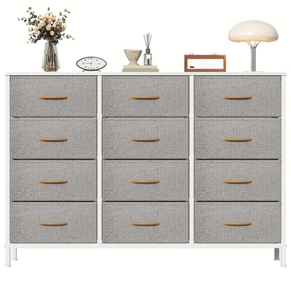 Chest Of Drawers with 12 Drawers, Wooden Frame & Golden Handles, Fabric Chest Of Drawers for Bedroom, Living Room, Hallway, Entryway