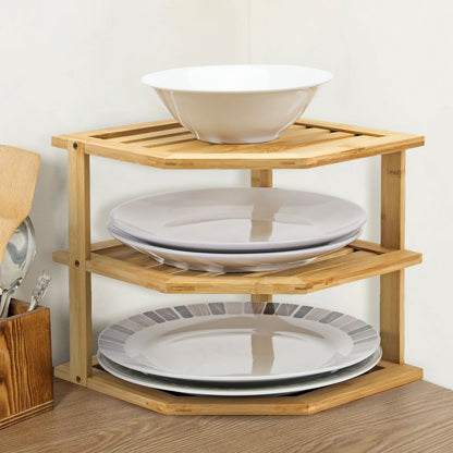 Bamboo Cabinet Shelf Organiser - 3 Tier Corner Shelf for Kitchen & Bathroom Countertop Cabinet Organiser Plate Rack Tidy Cupboard Shelf Insert Storage Organisation
