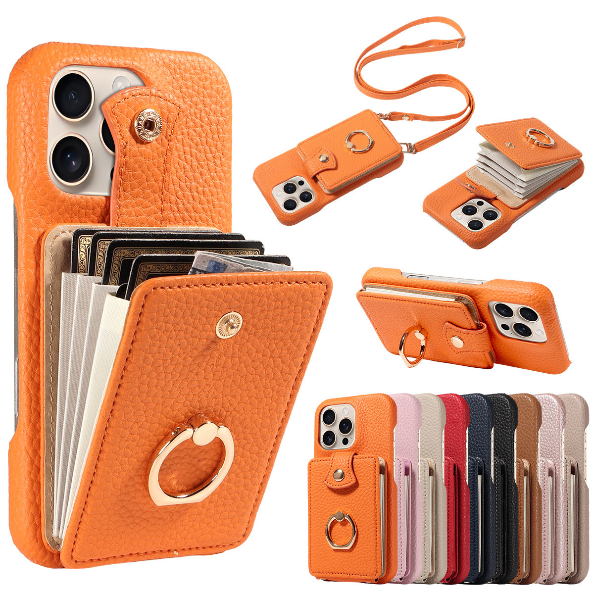 Multi Functional Phone Case for iPhone 17 Pro Max 16 15 14 13 12 11 Faux Leather Accordion Flip Cover with Ring Holder Crossbody Strap Long Lanyard Multi Card Slots Anti Drop