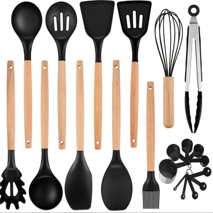 12pcs/22pcs Kitchen Utensils Set, Kitchen Cooking Utensils Set, Spoon, Spatula, 446F Heat Resistant Non Stick Food Grade Silicone And Wooden Handles, Kitchen Tools Set