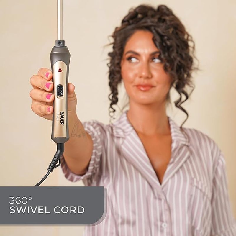 Bauer Professional TourmaPro Slimline Curling Wand/Ultra Slim 9mm Barrel / 200° Heat, 360° Swivel Cord and Cool Touch Tip/Grey & Gold