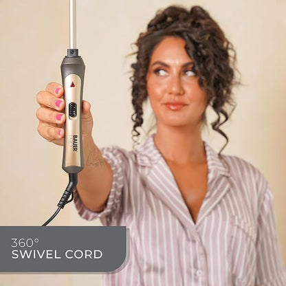 Bauer Professional TourmaPro Slimline Curling Wand/Ultra Slim 9mm Barrel / 200° Heat, 360° Swivel Cord and Cool Touch Tip/Grey & Gold
