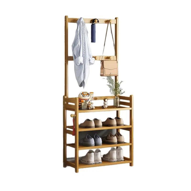 Bamboo Shoe Rack with Clothes Hanger Rail – Multi-Layer Freestanding Shoe Cabinet & Clothes Storage Organiser for Hallway, Bedroom & Dormitory | Space-Saving Floor Standing Shelf