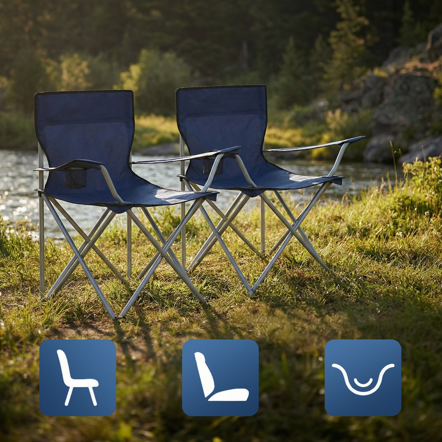 Set of 2 Portable Outdoor Chairs, Folding Lawn Chairs with Cup Holder and Armrests, 52 x 84 x 81，for Beach, Camping, Garden, Black,Blue,Pink