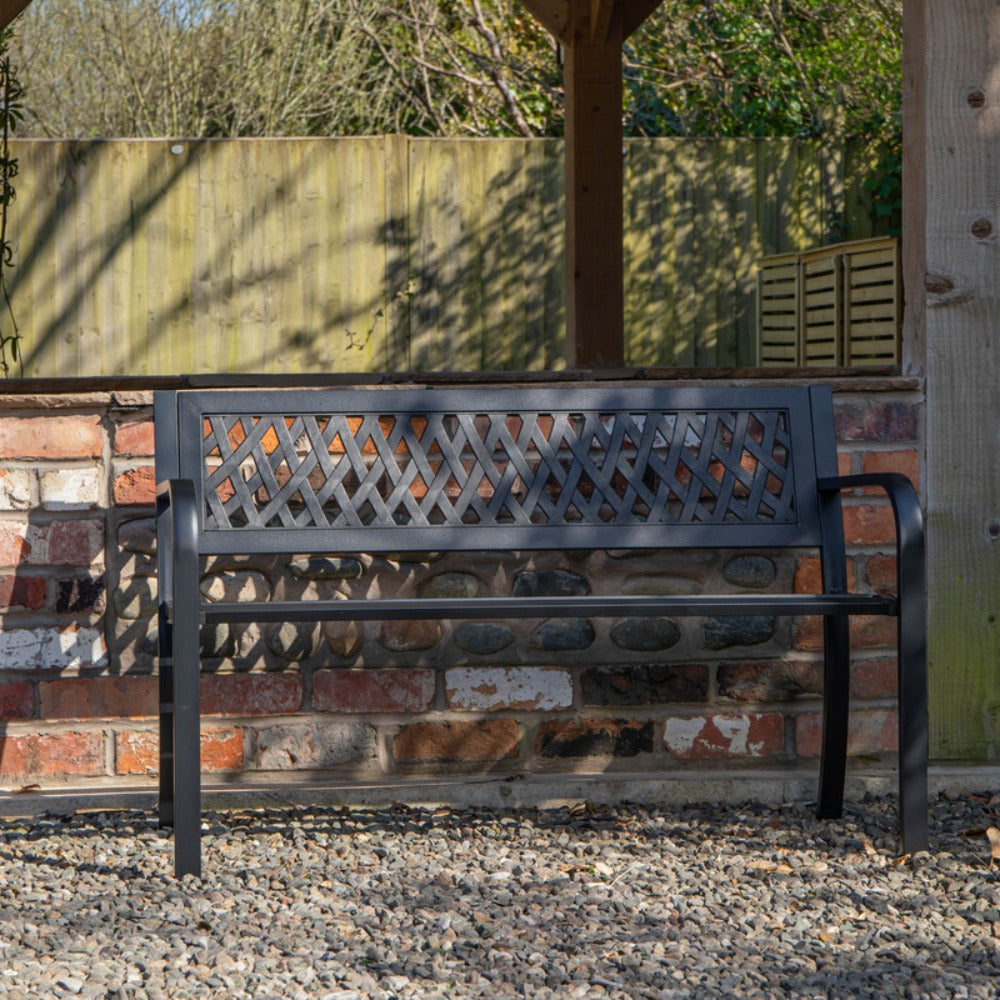 Garden Bench 2 Seater Metal with Lattice Backrest – Keswick Outdoor Patio Bench, Black Powder Coated Weather Resistant Frame, 119cm, Seats 2, Max 220kg