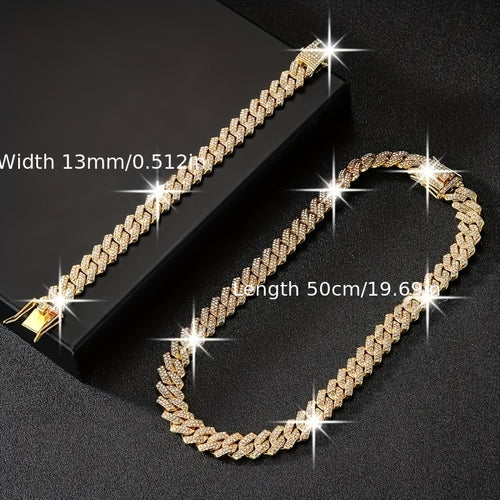 2pcs/set Necklace+bracelet Luxury Set Domineering Y2K Cuban Lozenge Link Chain Necklace, Hip Hop Miami Unisex Necklace, Rapper Necklace Jewelry, Trendy Accessories Encryption style