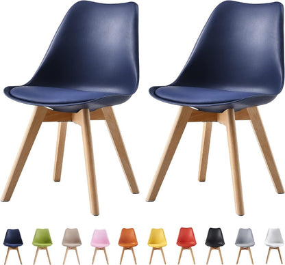 Set of 2 Retro Dining Chairs with Wooden Legs & Cushion Pad – Ergonomic Curved Backrest, Faux Leather Seat, 10 Colours, 120kg Capacity for Home, Office & Lounge
