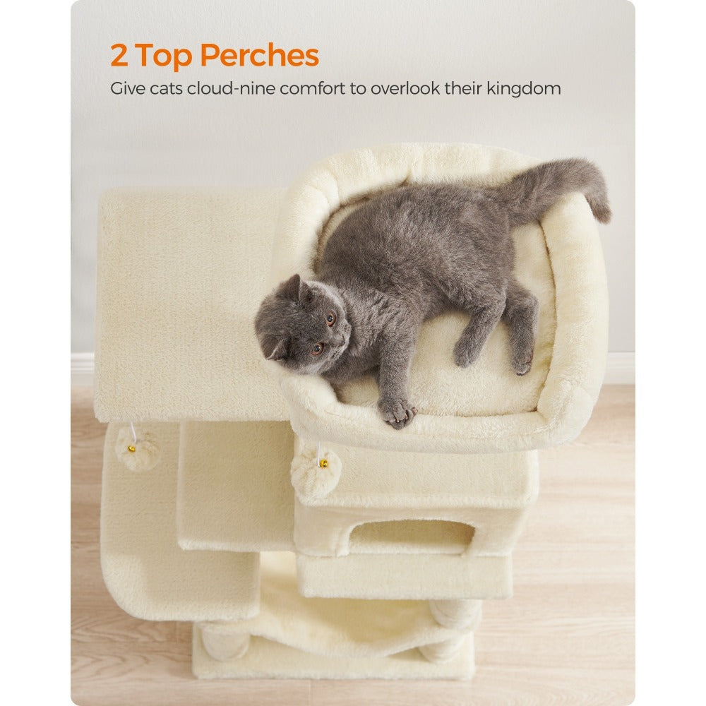 112cm Cat Tree Multi-Level Plush Tower Condo with 4 Scratching Posts, Hammock, Cave & Platforms – Stair-Step Design with Hanging Toys | Easy Assembly Indoor Cat Furniture | Pink White Beige Grey | UK