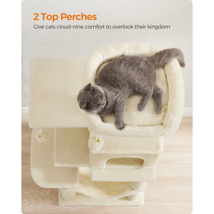 112cm Cat Tree Multi-Level Plush Tower Condo with 4 Scratching Posts, Hammock, Cave & Platforms – Stair-Step Design with Hanging Toys | Easy Assembly Indoor Cat Furniture | Pink White Beige Grey | UK