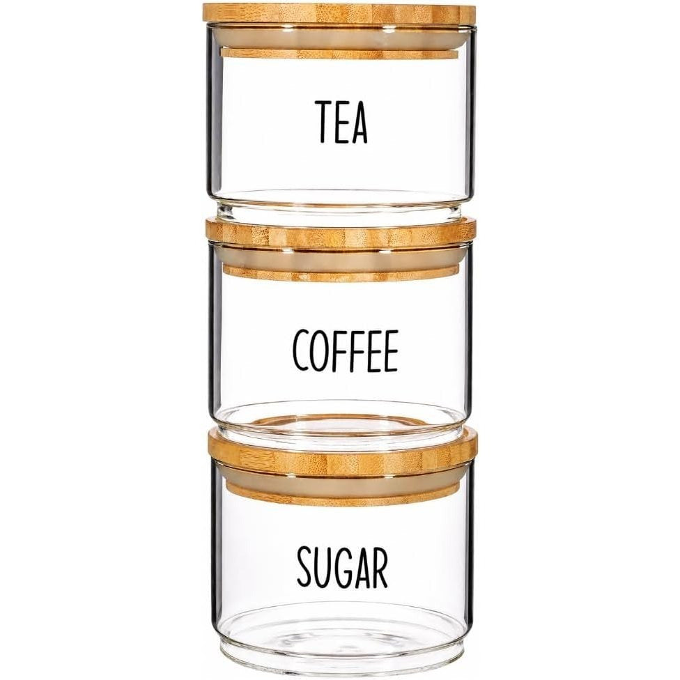 Set of 3 Stackable Glass Storage Jars with Airtight Bamboo Lids – Clear Kitchen Storage Canisters for Tea, Coffee, Sugar, Space-Saving Pantry Organiser
