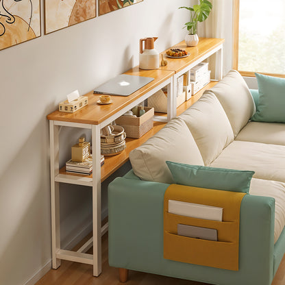 1pc Modern Simple Double Wall Long Narrow Table, Bedside Table At The Foot of The Bed, Long Table Behind The Sofa, and Long Storage Table with Seams, 80*20*100.2cm