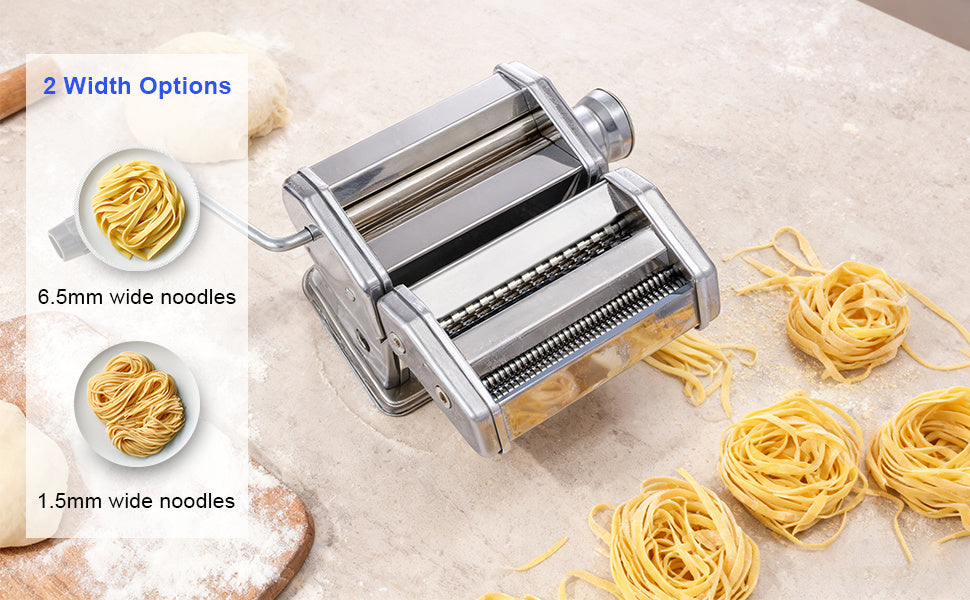 Pasta Roller Machine Dual Width Noodle Maker for Pasta, Spaghetti, Fettuccine, Lasagna 2 in 1 Stainless Steel with Cleaning Kit