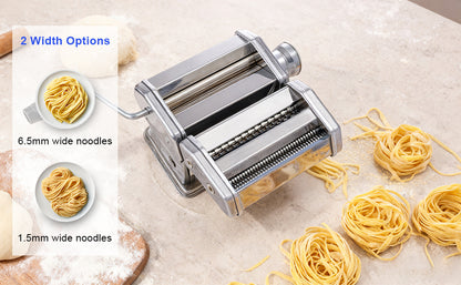 Pasta Roller Machine Dual Width Noodle Maker for Pasta, Spaghetti, Fettuccine, Lasagna 2 in 1 Stainless Steel with Cleaning Kit