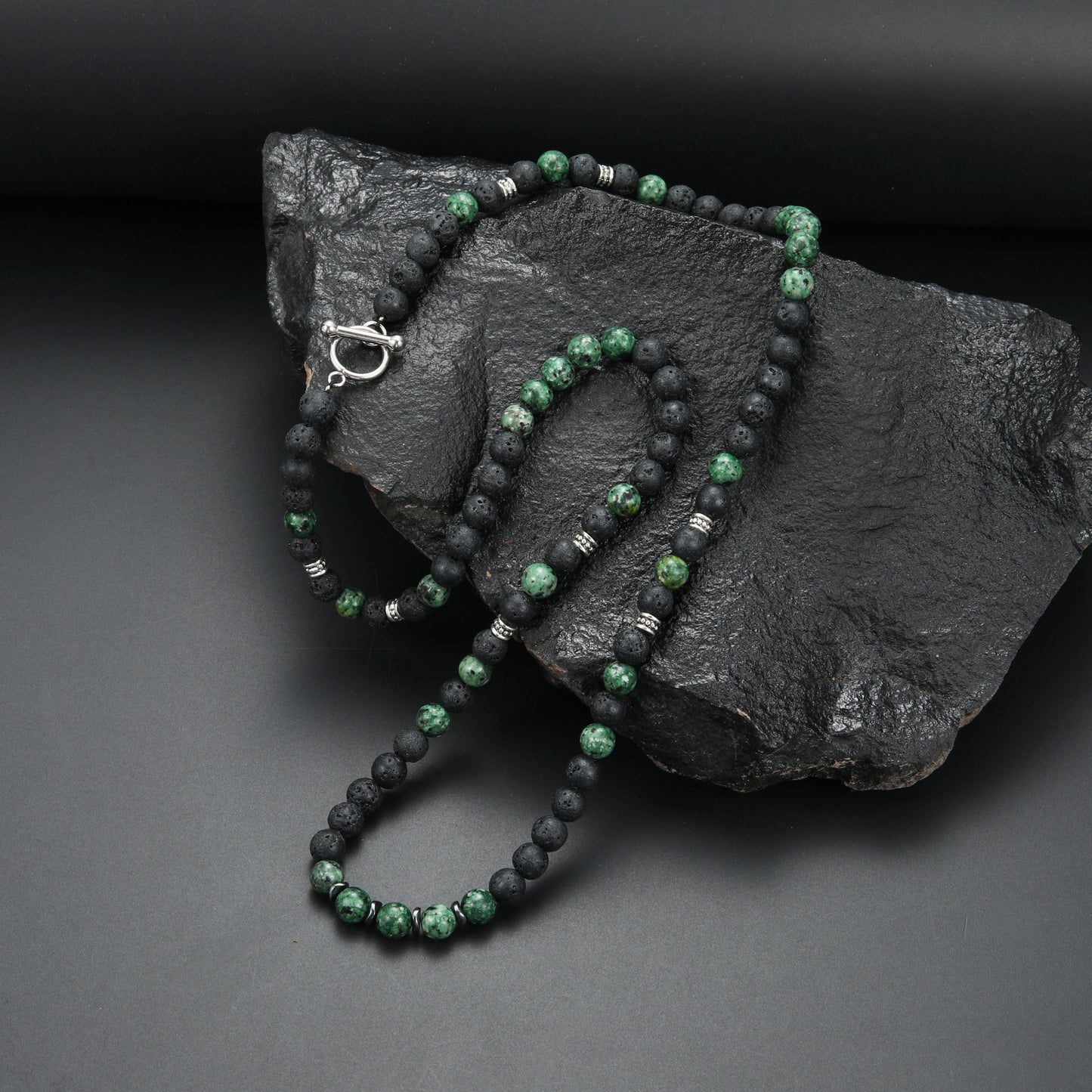 Men'S Cool Style 8Mm Black Round Bead Long Necklace with Green Stone Beads Accents - Stylish Layered Design, Perfect Gift for Men, Stylish Accessory|Minimalist Necklace|Durable Necklace
