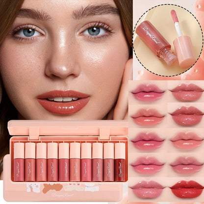 10-Color Set of Pearlescent Lip Gloss with Fine Shimmer, Long-Lasting Waterproof Lipstick That Doesn'T Easily Fade, Smudge-Proof Lip Liquid, And a Mirror-End Lipstick Set