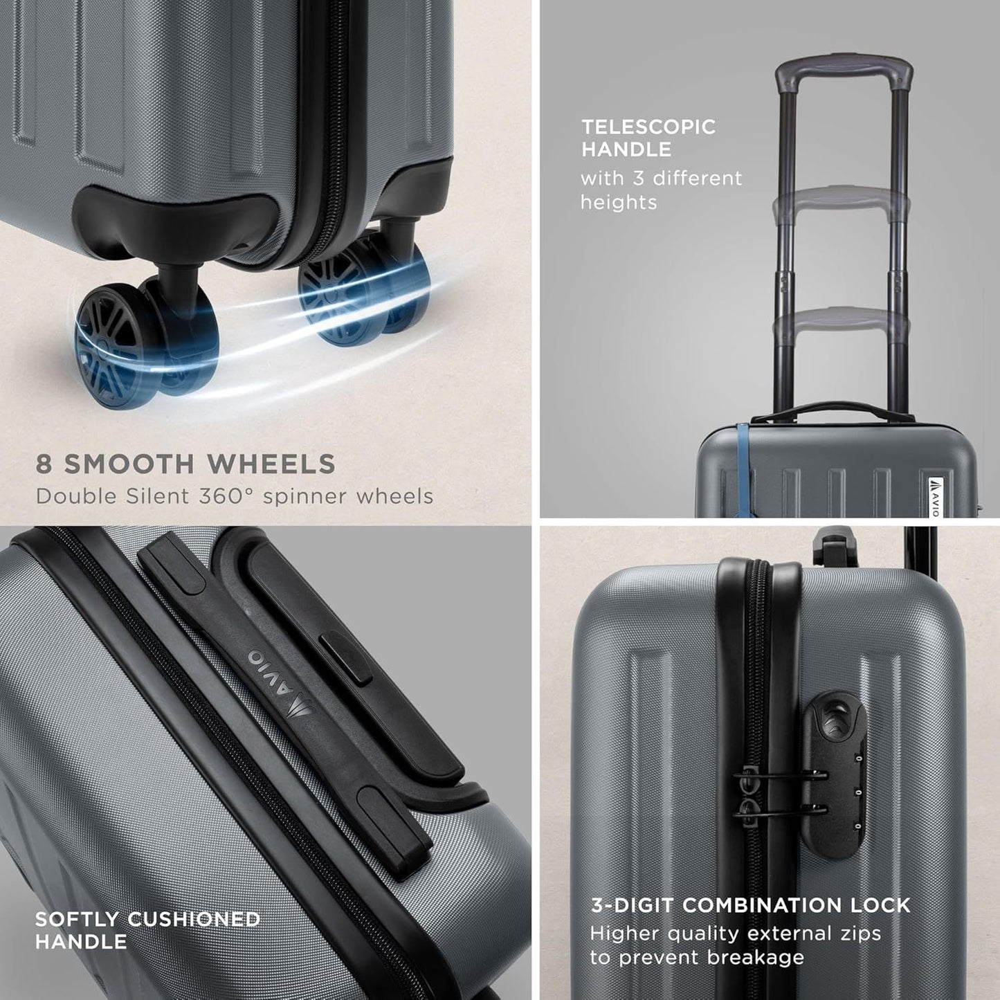 AVIO 55cm Cabin Suitcase – Compact Hard Shell Carry-On with 360° Spinner Wheels, Telescopic Handle & 3-Digit Lock – Lightweight Travel Luggage