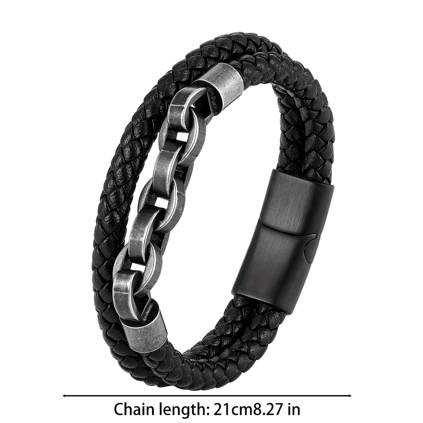 Men's Handmade 316L Stainless Steel Bracelet with Black Leather Chain and Magnetic Clasp, Vintage Jewelry