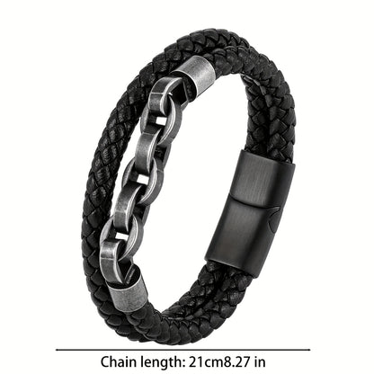 Men's Handmade 316L Stainless Steel Bracelet with Black Leather Chain and Magnetic Clasp, Vintage Jewelry