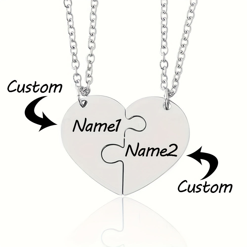 2pcs Name Customized Two Halves Heart Necklace/Stainless Steel Material/Peach Heart Can Engrave Family, Good Friends, Couple Names/Two-Piece Necklace