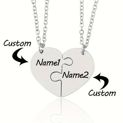 2pcs Name Customized Two Halves Heart Necklace/Stainless Steel Material/Peach Heart Can Engrave Family, Good Friends, Couple Names/Two-Piece Necklace