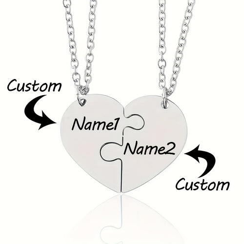 2pcs Name Customized Two Halves Heart Necklace/Stainless Steel Material/Peach Heart Can Engrave Family, Good Friends, Couple Names/Two-Piece Necklace