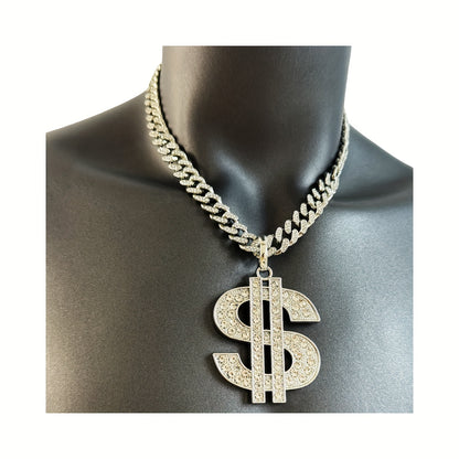 Large and Heavy US Dollar Symbol Pendant,  18K Gold Plated Alloy 18K Gold Plated-plated Cuban Chain Necklace with 12mm Full, Men's Hip-hop Style Ring Combination