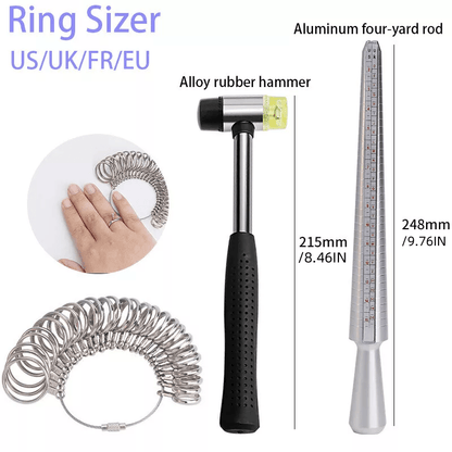 Ring Size Measuring Tools, Including Ring Mandregs, Ring Gauge Finger Size Measuring Devices and Rubber Jewelry Hammers, Metal Ring Size Measuring Tool Kits, and Ring Size Measuring Rods for Men's and Women's Jewelry Making